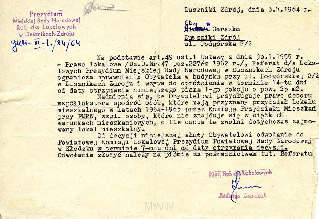 KKE 5869.jpg - Dok. Pismo wystawione przez Prezydium Miejskiej Rady Narodowej dla Antoniego Graszko w sprawie ograniczen mieszkaniowych związanych z trudną sytuacją, Duszniki Zdrój, 3 VII 1964 r.